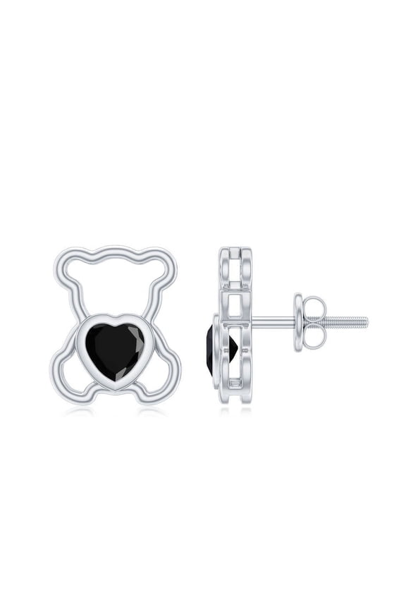 Heart Shape Black Diamond Teddy Bear Stud Earrings 14K White Gold Plated