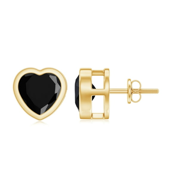 Rosec Jewels Heart Shape Black Onyx Solitaire Stud Earrings for Women - 7 mm - AAA Grade, 14K Yellow Gold