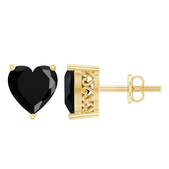 Rosec Jewels Heart Shape Black Onyx Solitaire Stud Earrings for Women (7 mm, AAA Quality), 14K Yellow Gold