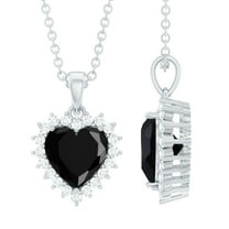 Rosec Jewels Heart Shape Black Spinel Pendant Necklace with Moissanite Halo (8 mm, AAA Grade), 925 Sterling Silver