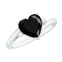Rosec Jewels Real Black Spinel Heart Engagement Ring with Diamond (8 mm - AAA Quality - August Birthstone) - With Jewelry Box, 925 Sterling Silver, US 4.00