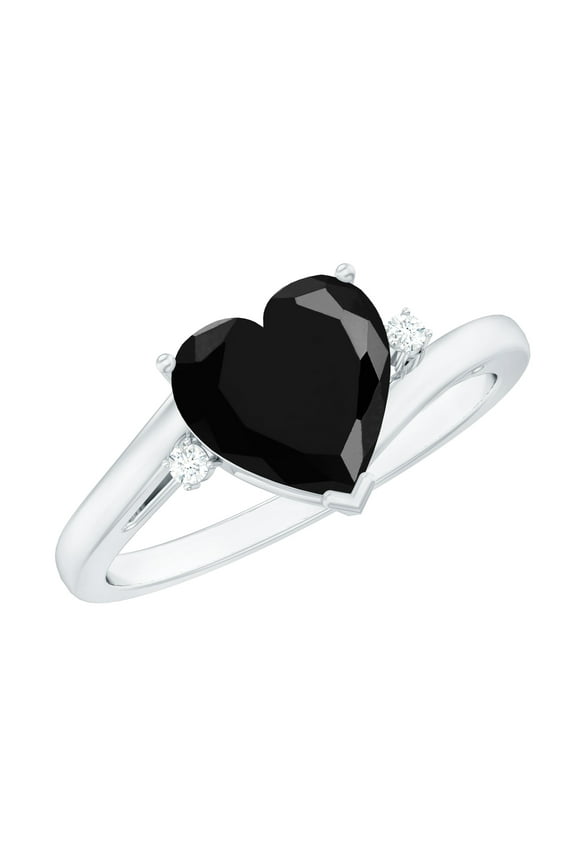 Real Black Spinel Heart Engagement Ring with Diamond (8 mm - AAA Quality - August Birthstone) - With Jewelry Box, 925 Sterling Silver, US 4.00