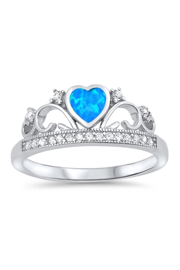 Heart-Shape Blue Simulated Opal Cubic Zirconia Royal Crown Ring Sterling Silver