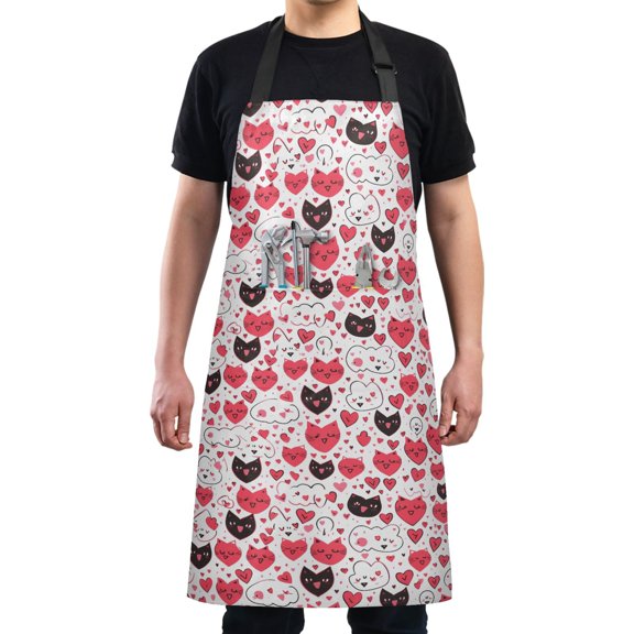 Heart Shape Cats Kitchen Apron with 2 Pockets Adjustable waterproof Cooking Aprons for Women Men Chef