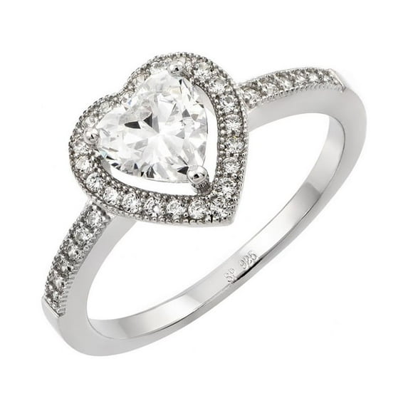 Heart Shape Center Clear Cubic Zirconia Heart Ring Rhodium Plated Sterling Silver Size 8