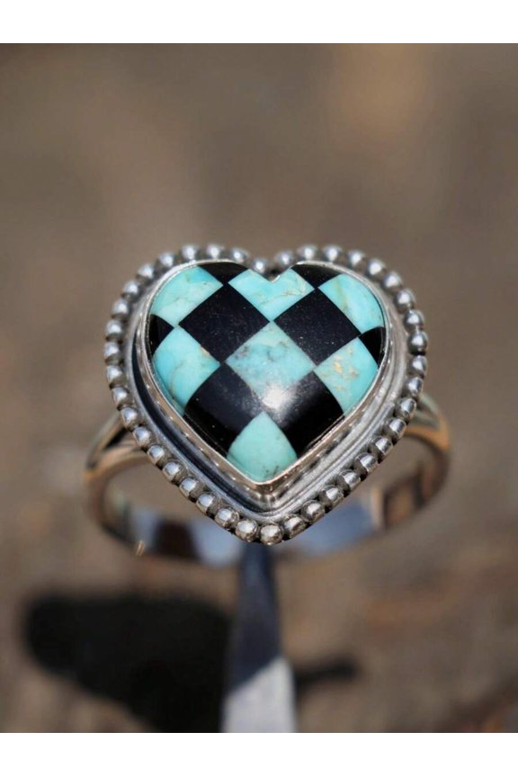 Heart Shape Checkered Turquoise Inlay Ring Silvery Fashion Jewelry