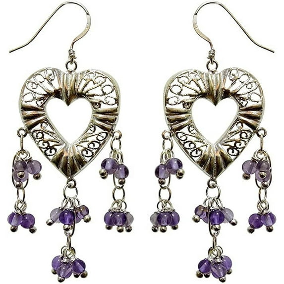Heart Shape Chelier Earrings for Women Amethyst Gemstone Beads In 925 Sterling Silver Handmade Fashion Designer Retro Style Party Earrings Jewelry