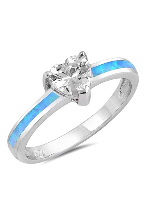 Heart-Shape Clear Cubic Zirconia Sided With Blue Simulated Opal Ring Sterling Silver Size 8