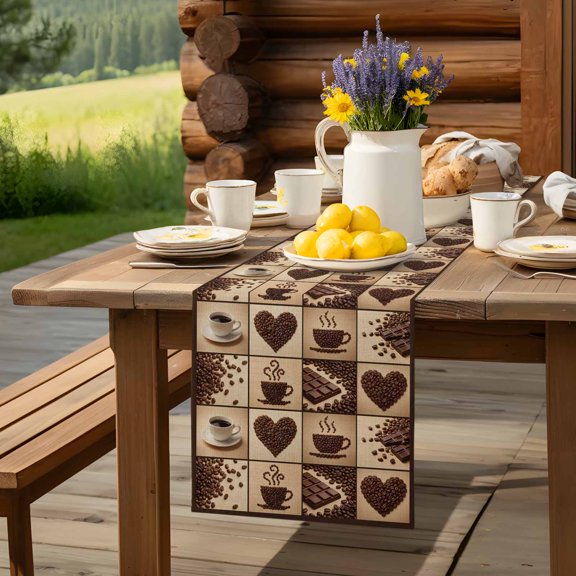 Heart Shape Coffee Beans Table Runner 13x36in Non-Slip Cotton Linen Table Runners, Chocolate Bar Dresser Scarves TableRunner for Dinner Kitchen Dining Wedding Party