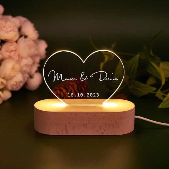 Heart Shape Couple Name Custom LED Lamp Acrylic Plaque Wooden Base Valentine Anniversary Gift Bedroom Table Light
