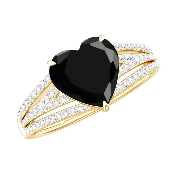 Heart Shape Created Black Diamond Ring with Diamond (2.4 Carat, AAAA Quality) - Split Shank Ring, 10K Yellow Gold, US 10.00