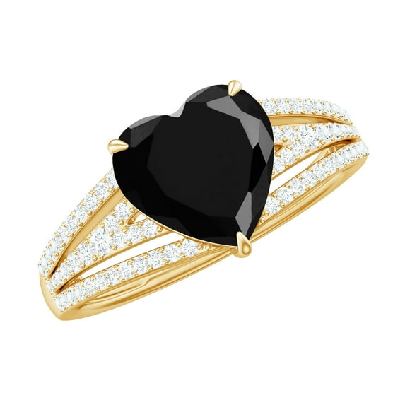 Rosec Jewels Heart Shape Created Black Diamond Ring with Diamond (8 mm) - Split Shank Ring, 10K Yellow Gold, US 10.00
