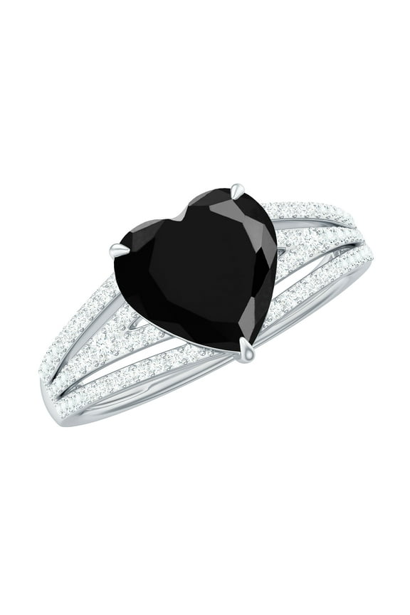 Heart Shape Created Black Diamond Ring with Diamond (8 mm) - Split Shank Ring, 925 Sterling Silver, US 3.00