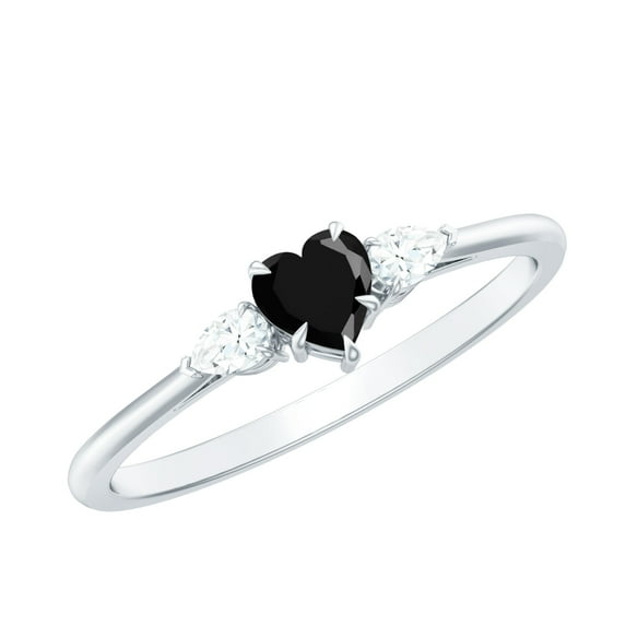 Rosec Jewels Lab Created Black and White Diamond 3 Stone Ring - Heart Promise Ring for Women - AAAA Quality - Ready to Gift, 925 Sterling Silver, US 4.00