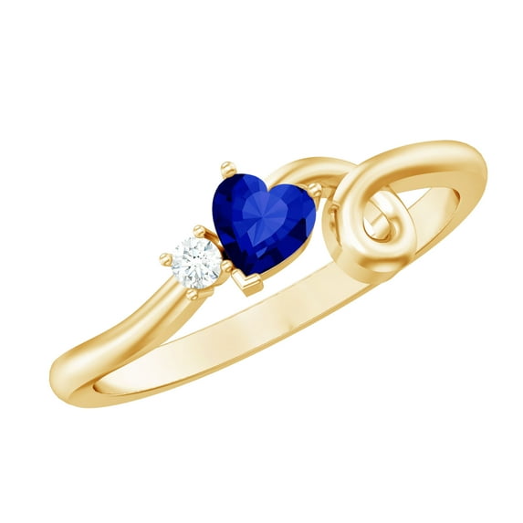 Rosec Jewels Heart Shape Created Blue Sapphire Promise Ring with Moissanite for Women - 0.50 CT, 10K Yellow Gold, US 5.50
