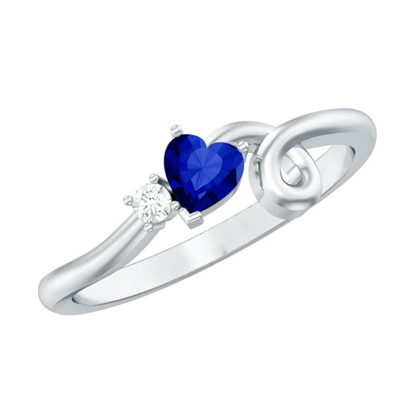 Rosec Jewels Heart Shape Created Blue Sapphire Promise Ring with Moissanite for Women - 0.50 CT, 18K White Gold, US 3.50