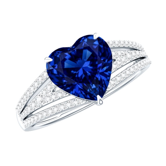 Rosec Jewels Heart Shape Created Blue Sapphire Ring with Diamond - Split Shank Ring (2 Carat), 10K White Gold, US 6.00