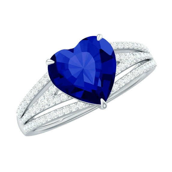Rosec Jewels Heart Shape Created Blue Sapphire Ring with Diamond - Split Shank Ring (8 mm), 925 Sterling Silver, US 5.50