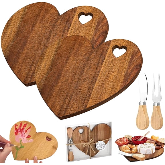 Heart Shape Cutting Board, Wood Heart Shaped Cutting Board Valentine's Day Gifts, DIY Couple Graffiti Cutting Boards, Decorative Chopping Board with Heart Hole for Home Kitchen (2Set- Acacia wood)