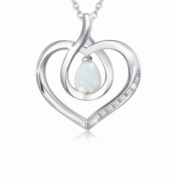 Heart Shape Diamond Necklace- Pear Cut Opal Pendant Necklace in 925 Sterling Silver- Mother's Day Necklace- October Birthstone