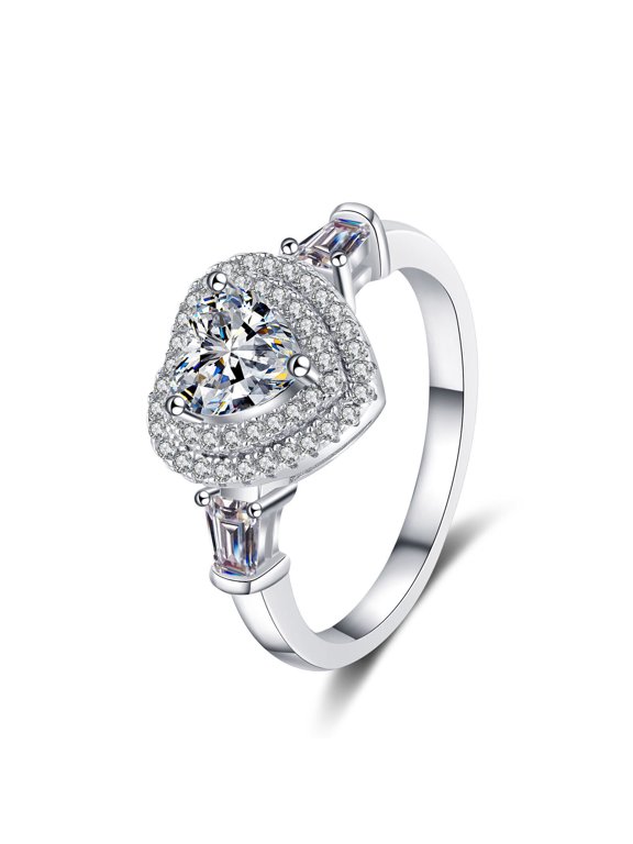 Heart Shape Double Halo Women's Anniversary Ring, Unique Solitaire Engagement Ring, 2 Ct Heart Cut Simulated Diamond Ring, 14K White Gold Plated, Promise Proposal Wedding Ring For Her Birthday Gift