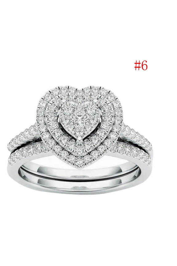 Heart Shape Double Layer Rhinestone Engagement Ring Set – 2-Piece Paved Stone Bridal Jewelry