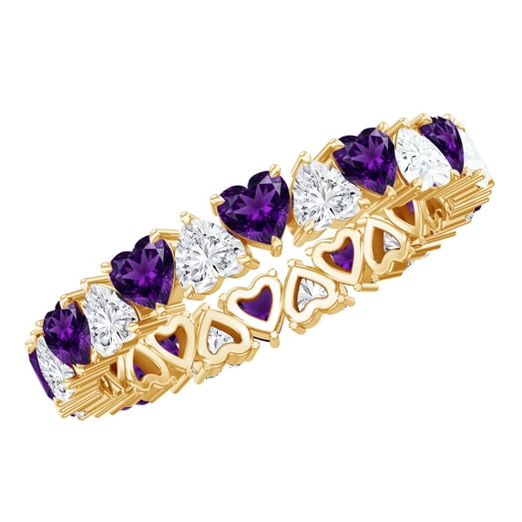 Rosec Jewels Heart Shape Eternity Ring for Women with Amethyst and Moissanite, 14K Yellow Gold, US 11.50