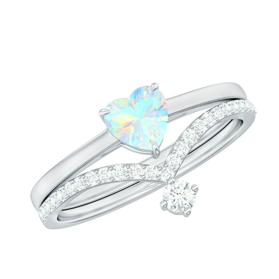 Rosec Jewels Heart Shape Ethiopian Opal Ring Set with Diamond for Women (6 MM, AAA Grade), 14K White Gold, US 3.00