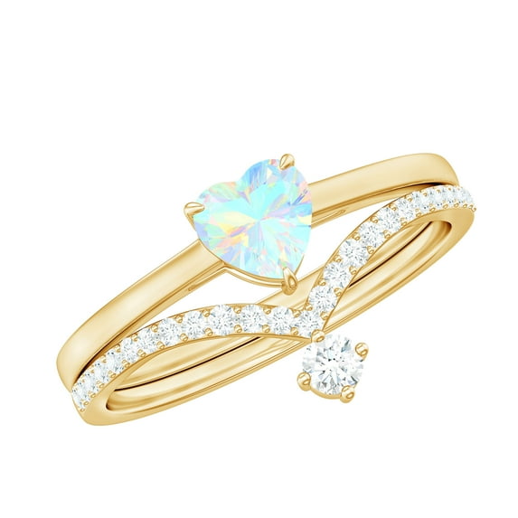 Rosec Jewels Heart Shape Ethiopian Opal Ring Set with Diamond for Women (6 MM, AAA Grade), 14K Yellow Gold, US 8.00