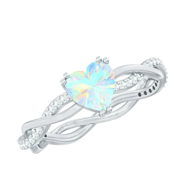 Rosec Jewels Real Ethiopian Opal Heart Promise Ring with Diamond - Braided Ring (AAA Grade, 6 mm) - Ready to Gift for Valentines, 18K White Gold, US 4.50