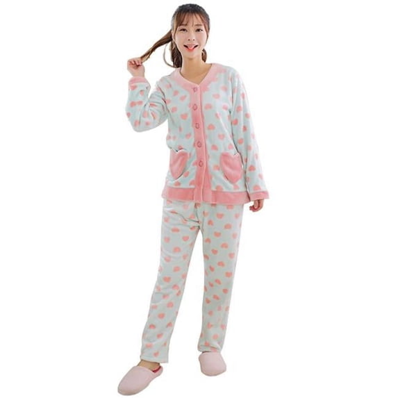 Heart Shape Flannel Pajama Set for Women, Light Blue - Medium