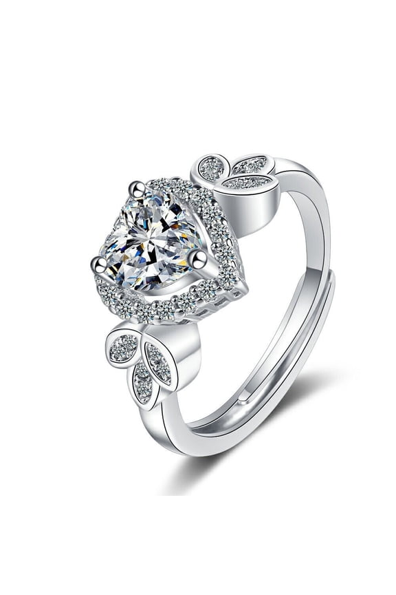 Heart Shape Halo Adjustable Open Engagement Ring, Leaf Shank Diamond Wedding Ring, 2 Ct Simulated Heart Cut Diamond, 14K White Gold Plated, Anniversary Ring For Women's Special Occasion