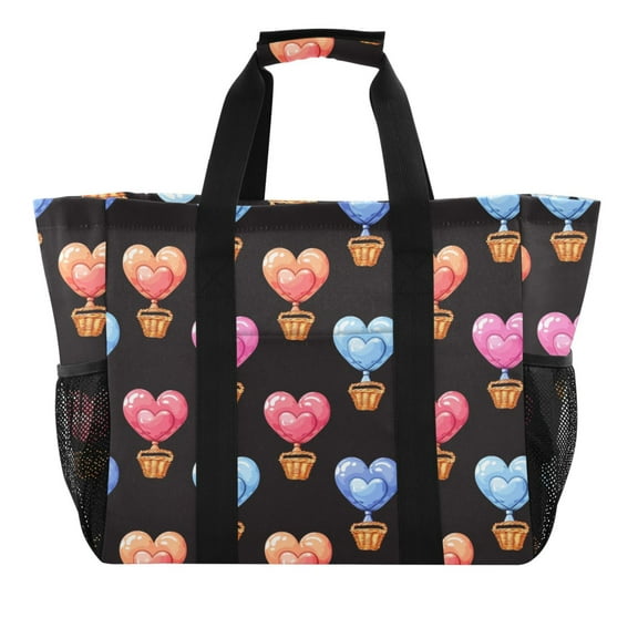 Heart Shape Hot Air Balloon Reusable Grocery Bags with Handle Side Pocket Waterproof Shopping Portable Tote