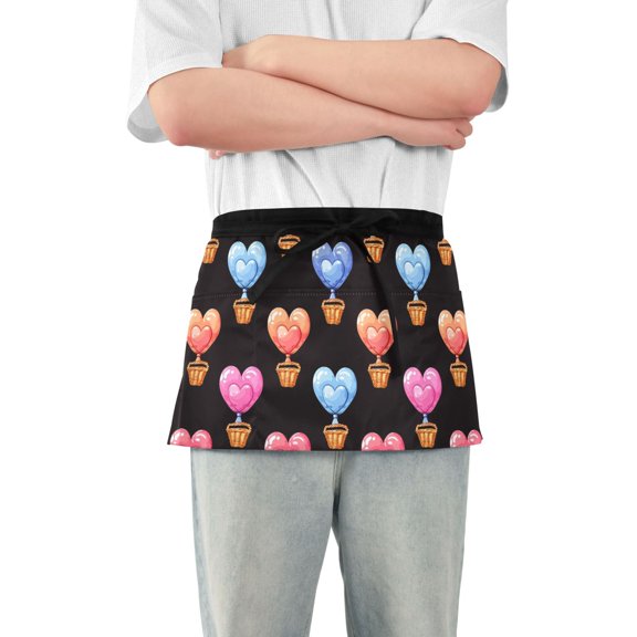Heart Shape Hot Air Balloon Server Apron with 3 Pockets Waterproof Waitress Waist Short Apron for Man Woman 12 Inches