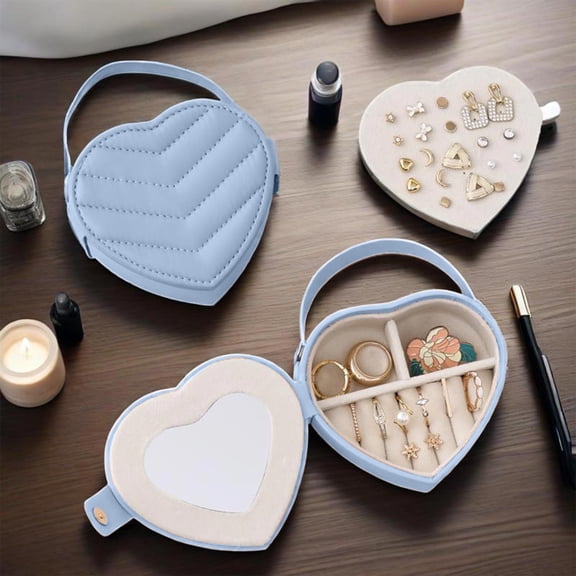 Heart Shape Jewelry Box Gift Portable Jewelry Case with Handle Travel Jewelry Organizer for Earrings Rings Necklaces Small Accessories Pink Blue PU Leather Flannel Lining