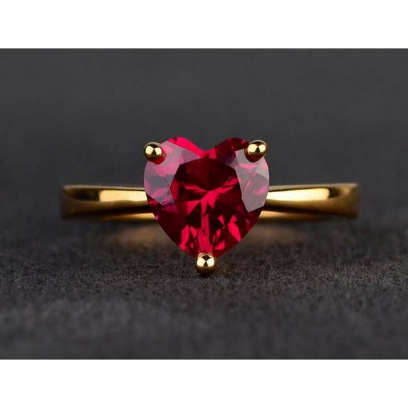 Heart Shape Lab Created Red Ruby Women's Ring 14K Yellow Gold Plated.