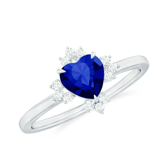 Rosec Jewels Heart Shape Lab Grown Blue Sapphire Promise Ring with Diamond for Women - 6 mm, 18K White Gold, US 12.00