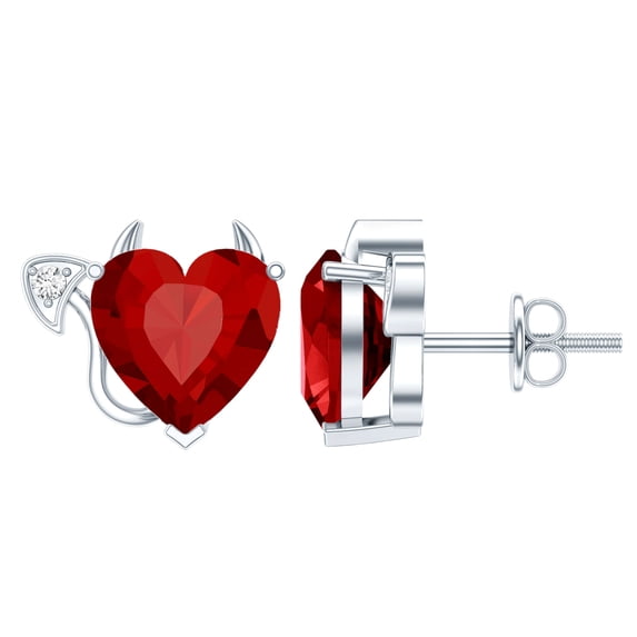 Rosec Jewels Heart Shape Lab Grown Ruby Devil Stud Earrings for Women with Moissanite (8 mm), 10K White Gold