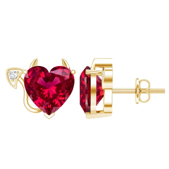 Rosec Jewels Lab Grown Ruby Devil Heart Earrings (8 mm, AAAA Quality) - Certified Ruby Moissanite Earrings - with Jewelry Box, 10K Yellow Gold