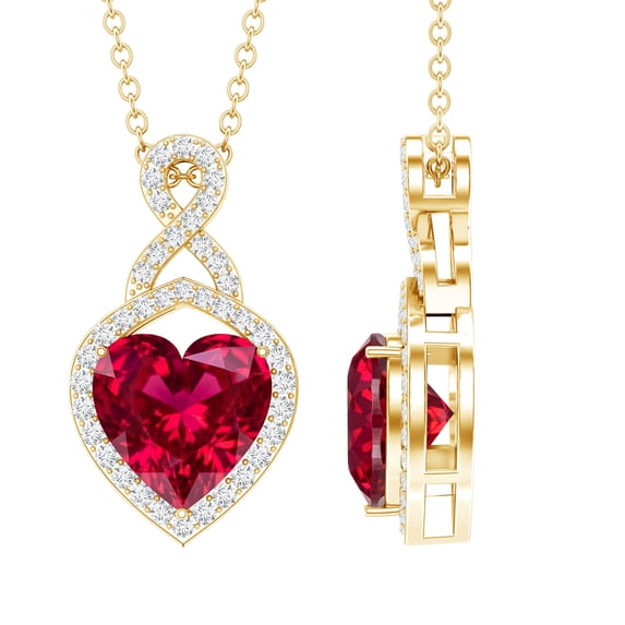 Rosec Jewels Lab Grown Ruby Heart Pendant Necklace with Infinity Knot - Cocktail Necklace - AAAA Grade - Ready to Gift, 10K Yellow Gold
