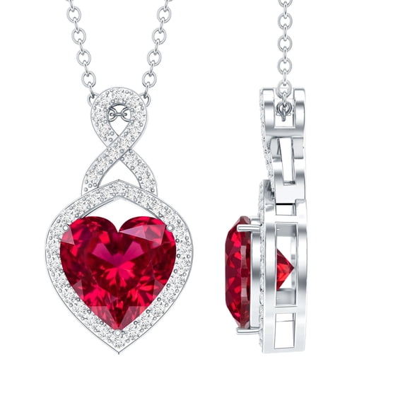 Rosec Jewels Lab Grown Ruby Heart Pendant Necklace with Infinity Knot - Cocktail Necklace - AAAA Grade - Ready to Gift, 14K White Gold