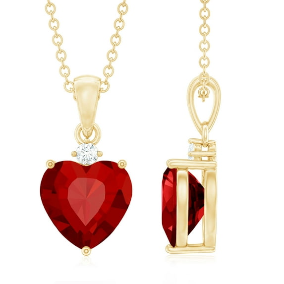 Rosec Jewels Certified Lab Grown Ruby Heart Pendant Necklace (2 Ct, 8mm, AAAA Quality) - Ruby Red Heart Necklace with Moissanite, 14K Yellow Gold