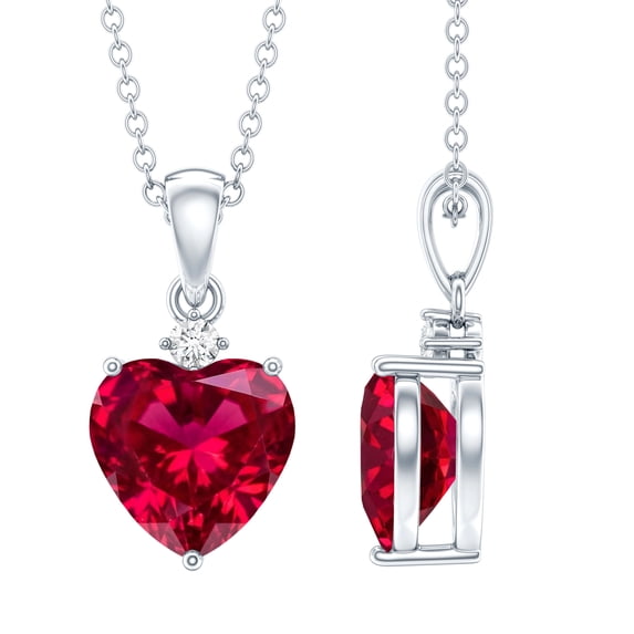Rosec Jewels Certified Lab Grown Ruby Heart Pendant Necklace (2 Ct, 8mm, AAAA Quality) - Ruby Red Heart Necklace with Moissanite, 925 Sterling Silver