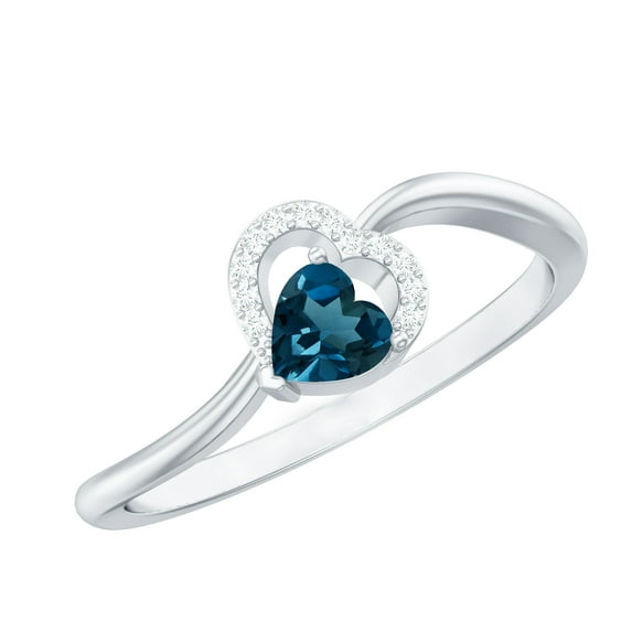 Rosec Jewels Heart Shape London Blue Topaz Promise Ring with Diamond (AAA Quality), 925 Sterling Silver, US 4.00