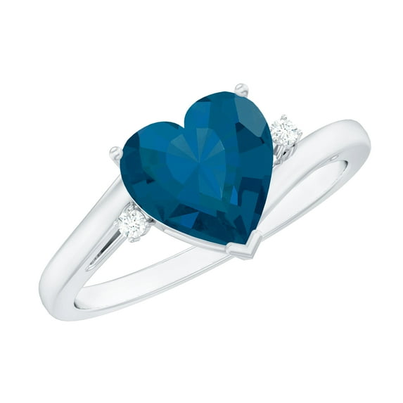 Rosec Jewels London Blue Topaz Heart Engagement Ring with Diamond - 8 mm - December Birthstone - AAA Grade - With Jewelry Box, 10K White Gold, US 5.50