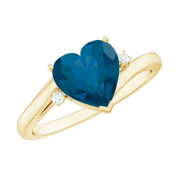 Rosec Jewels London Blue Topaz Heart Engagement Ring with Diamond - 8 mm - December Birthstone - AAA Grade - With Jewelry Box, 18K Yellow Gold, US 4.00