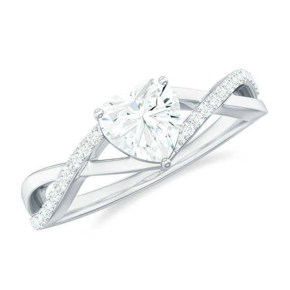 Rosec Jewels - Moissanite Heart Engagement Ring 1 Carat - Crossover Ring for Women - 7 mm - D-VS1 Quality Certified, 925 Sterling Silver, US 7.00
