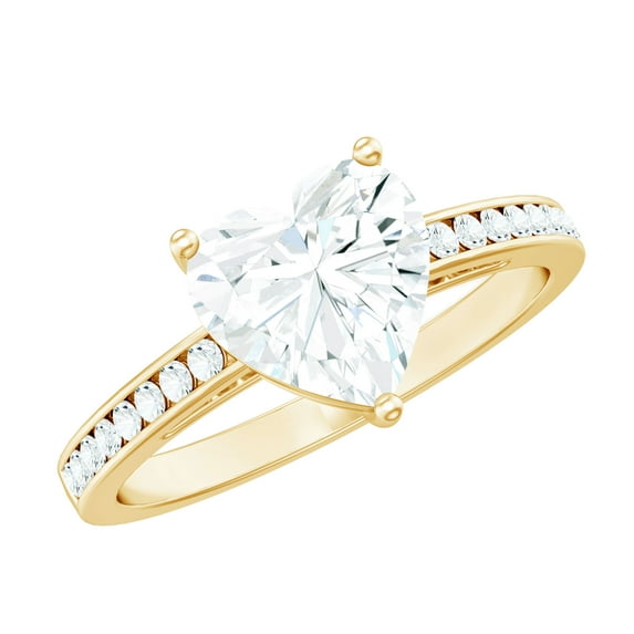 Rosec Jewels Heart Shape Moissanite Engagement Ring with Side Stones - 2 Ct - 8 mm - D-VS1 Grade Certified - with Jewelry Box, 18K Yellow Gold, US 7.50