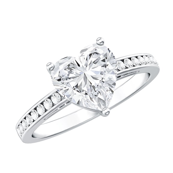 Rosec Jewels Heart Shape Moissanite Engagement Ring with Side Stones - 2 Ct - 8 mm - D-VS1 Grade Certified - with Jewelry Box, 925 Sterling Silver, US 4.00