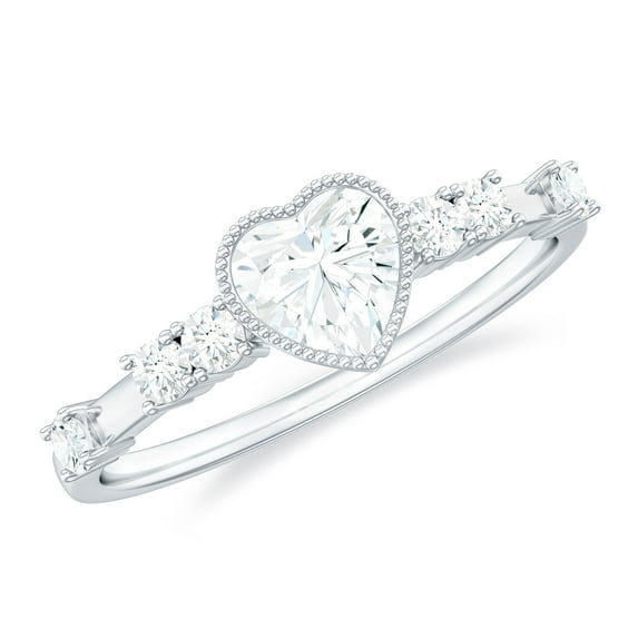 Rosec Jewels Certified Moissanite Heart Engagement Ring with Spaced Accent - Bezel Set Ring - 5 mm - D-VS1 Quality, 14K White Gold, US 6.00
